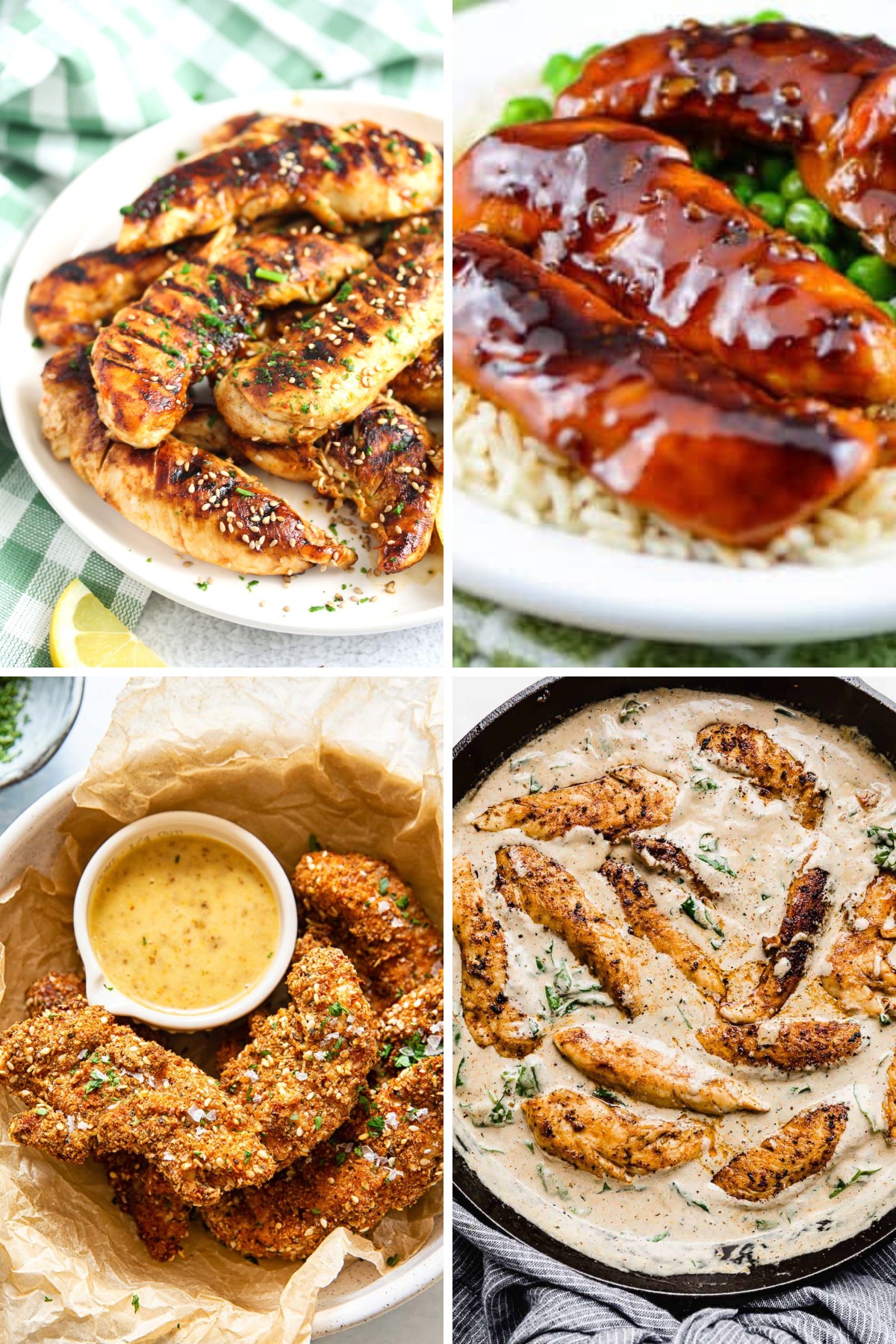 chicken tenderloin recipes like cream of mushroom chicken, grilled chicken tenderloin, crispy air fryer chicken tenderloins, and teriyaki tenders