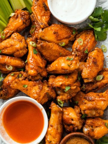 juicy Honey Buffalo Wings with dips on the side