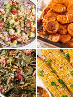 a photo collage of four side dishes for bbq chicken like chickpea salad, collard greens, corn on the cob and candied sweet potatoes