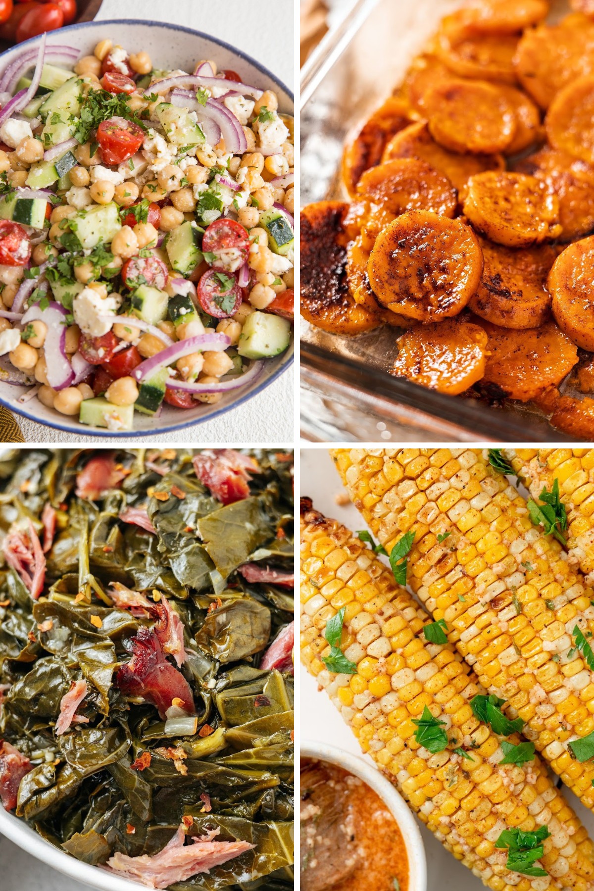 a photo collage of four side dishes for bbq chicken like chickpea salad, collard greens, corn on the cob and candied sweet potatoes