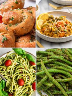 a photo collage of four side dishes for chicken parmesan including garlic bread, pasta salad, pesto salad, and green beans