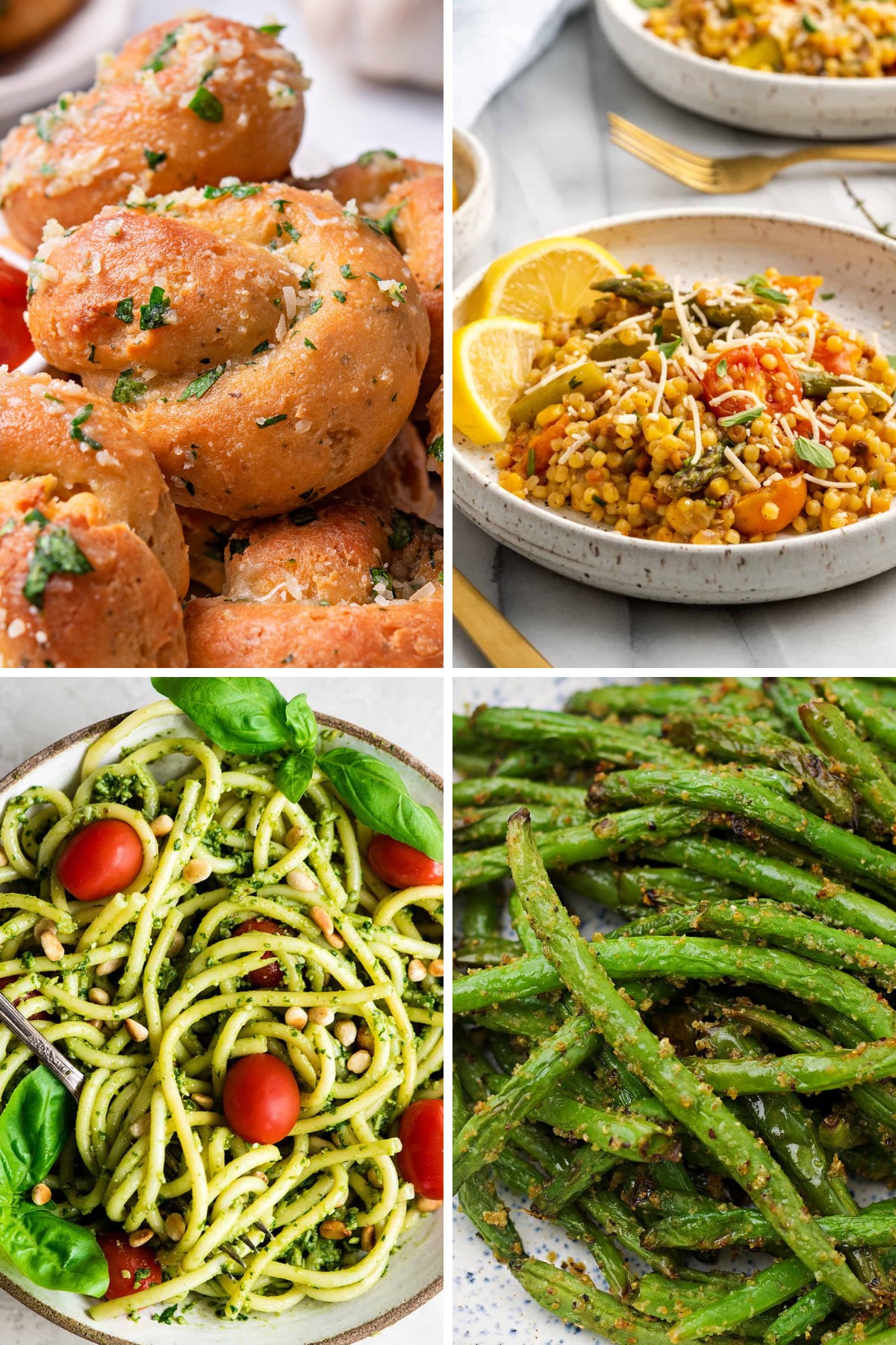 a photo collage of four side dishes for chicken parmesan including garlic bread, pasta salad, pesto salad, and green beans