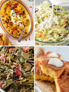 a photo collage of side dishes for chicken tenders including loaded cauliflower, coleslaw, collard greens, and cornbread