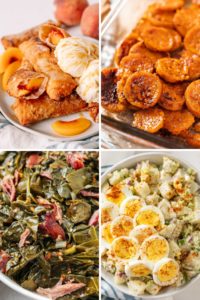 photo collage of sides for fried chicken: peach cobbler egg rolls, candied yams, southern collard greens, and southern potato salad