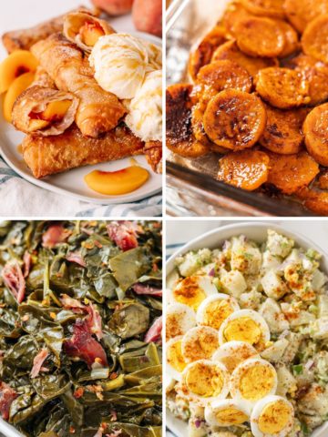 photo collage of sides for fried chicken: peach cobbler egg rolls, candied yams, southern collard greens, and southern potato salad