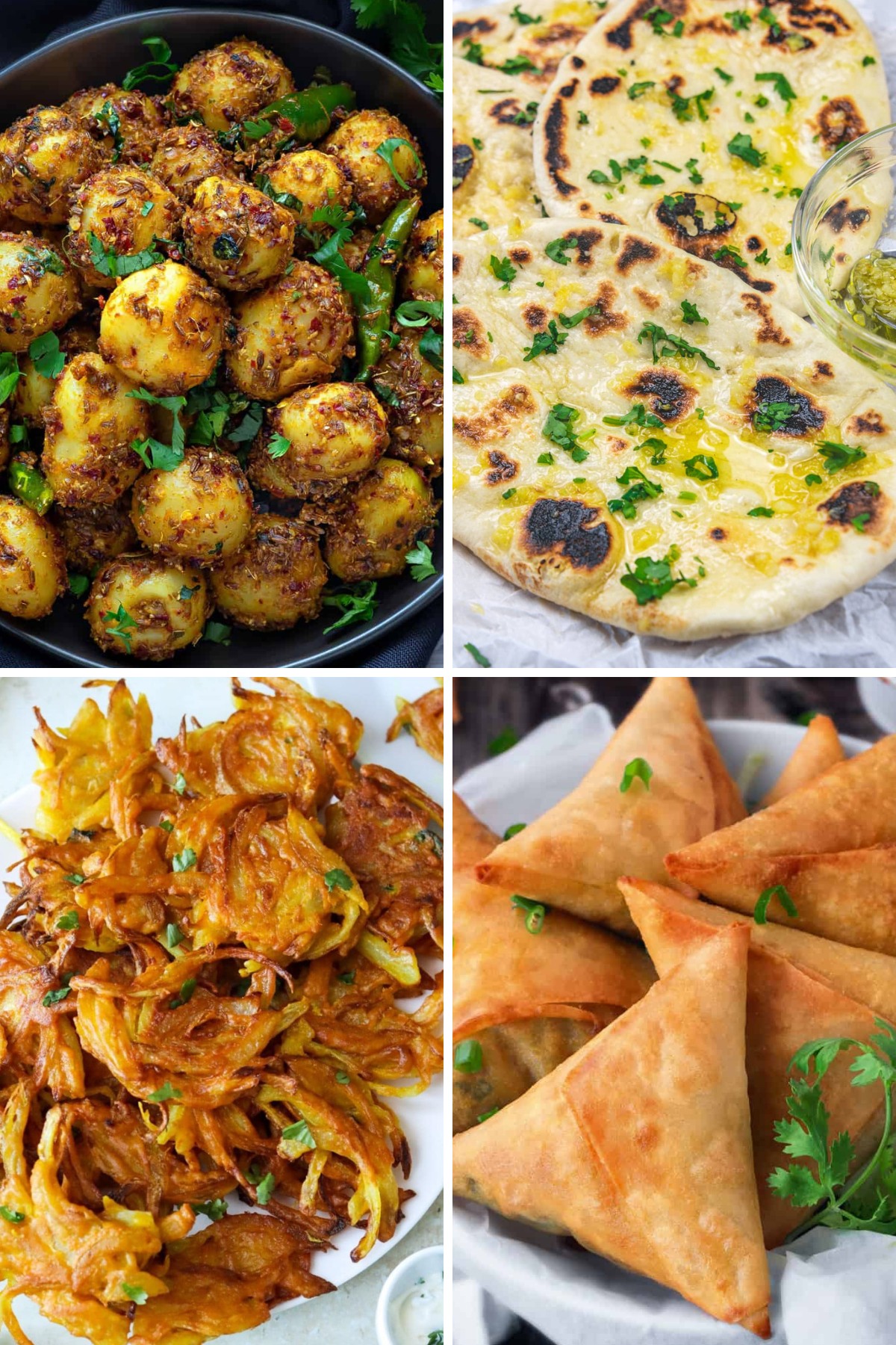 a collage of what to serve with butter chicken like Indian spiced potatoes, garlic bread naan, onion bhaji, and samosas.