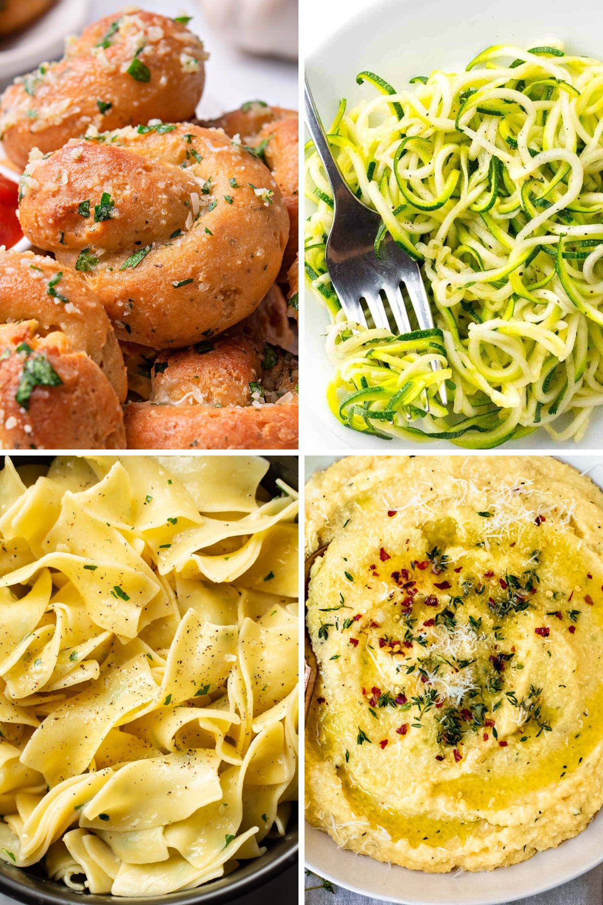four ideas of what to serve with chicken cacciatore like keto garlic bread, zucchini noodles, butter noodles, and creamy polenta