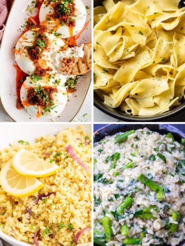 photo collage of what to serve with chicken marsala including rice pilaf, risotto, burrata, and egg noodles