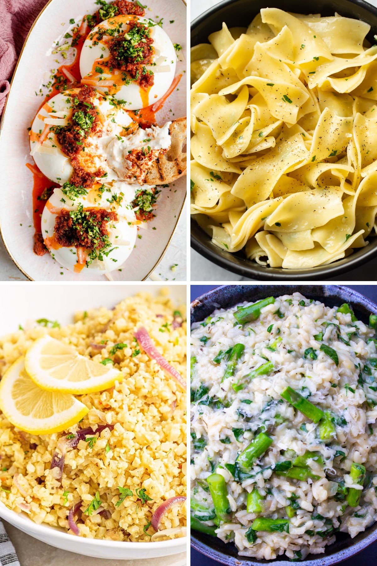 photo collage of what to serve with chicken marsala including rice pilaf, risotto, burrata, and egg noodles