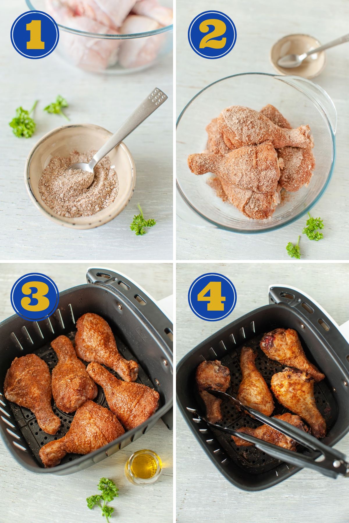 step-by-step instructions for how to make air fryer fried chicken legs - four photos showing mixing the seasoning, adding it to raw chicken legs, adding the chicken legs to the air fryer basket, and flipping the chicken legs halfway through cooking