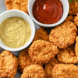 Air Fryer Frozen Chicken Nuggets with ketchup and mayo dip