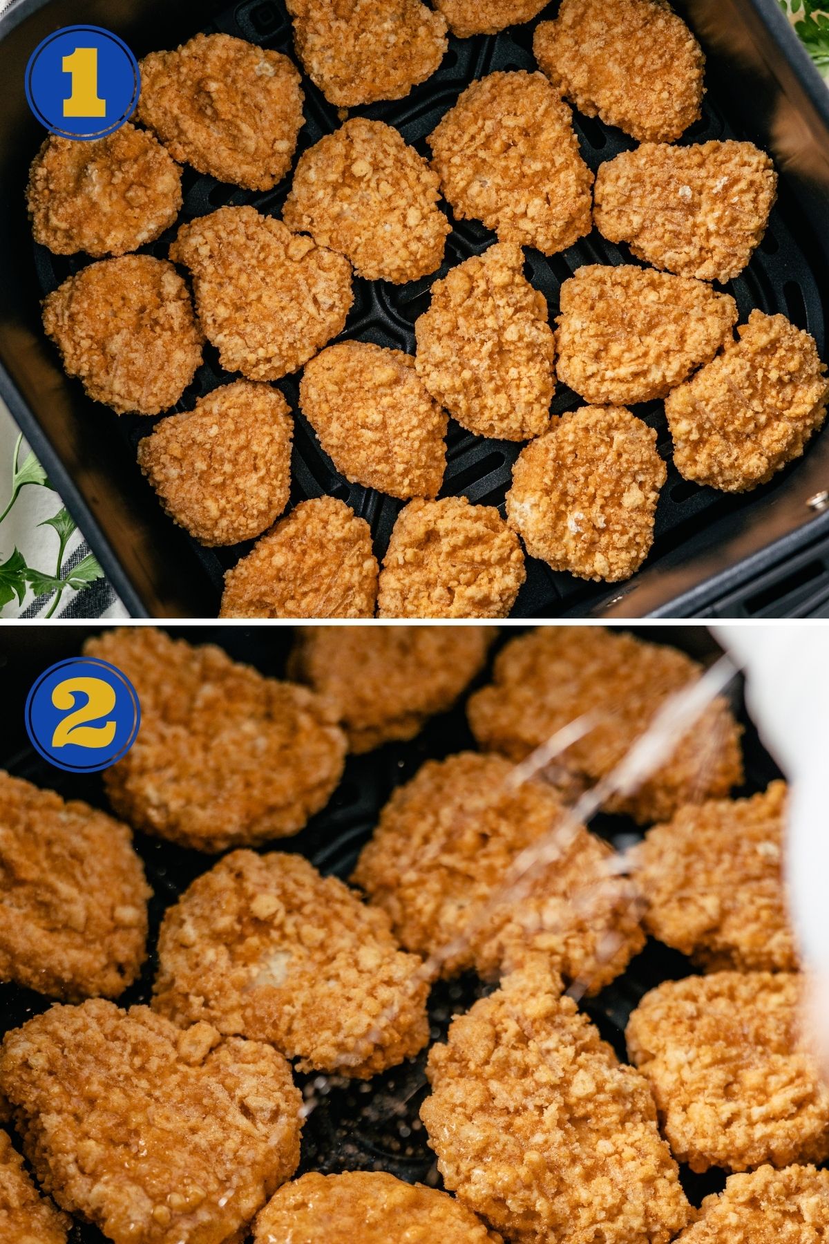 step-by-step instructions for how to cook frozen Applegate chicken nuggets in an air fryer