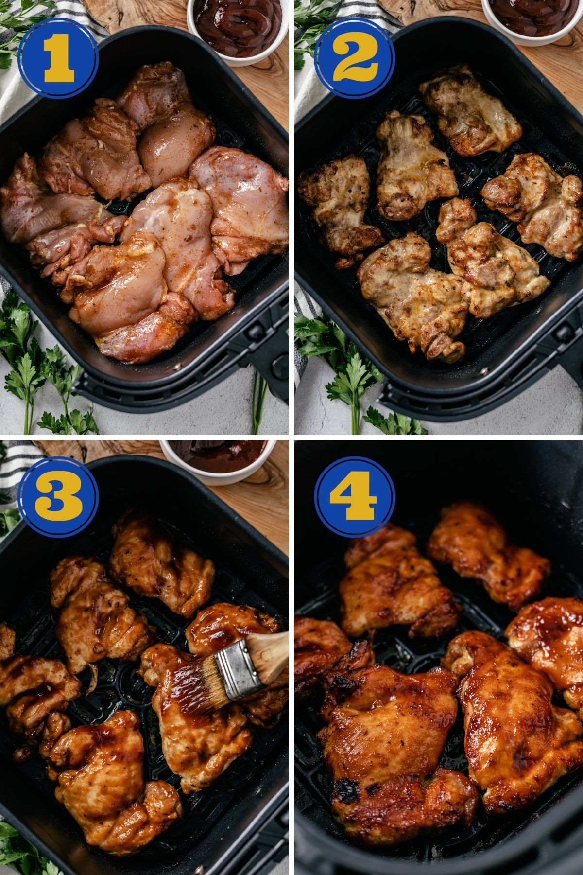 step-by-step instructions for how to make air fryer BBQ Boneless Chicken Thighs