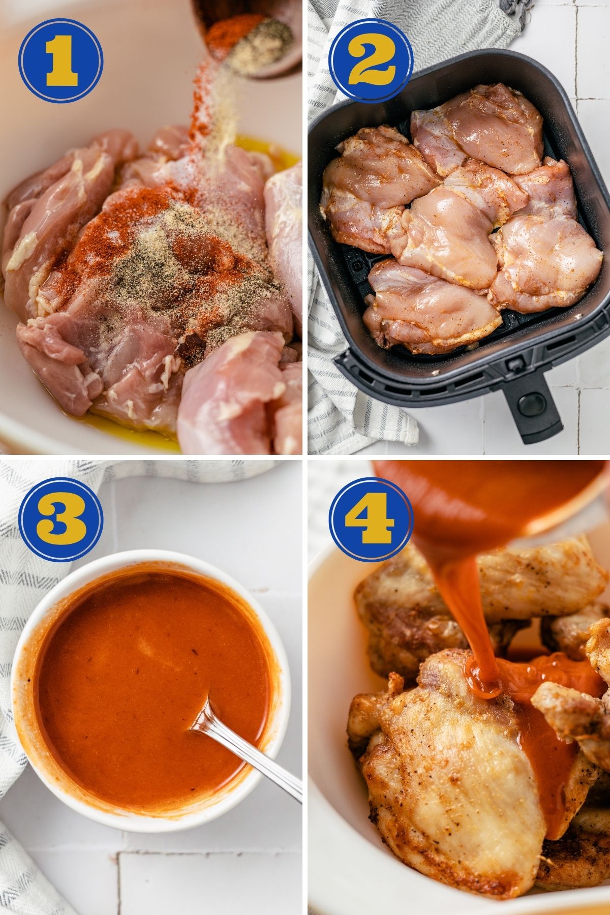 step-by-step instructions for how to make Buffalo Chicken Thighs in the air fryer with Frank's hot sauce