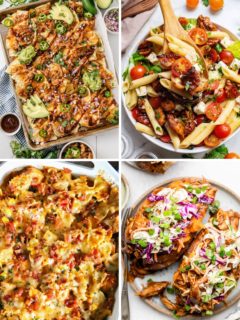 four leftover bbq chicken recipes like bbq chicken nachos, bbq chicken pasta, bbq chicken casserole, and bbq chicken stuffed sweet potatoes.