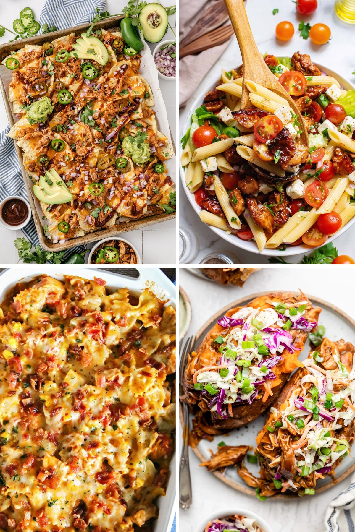 four leftover bbq chicken recipes like bbq chicken nachos, bbq chicken pasta, bbq chicken casserole, and bbq chicken stuffed sweet potatoes. 