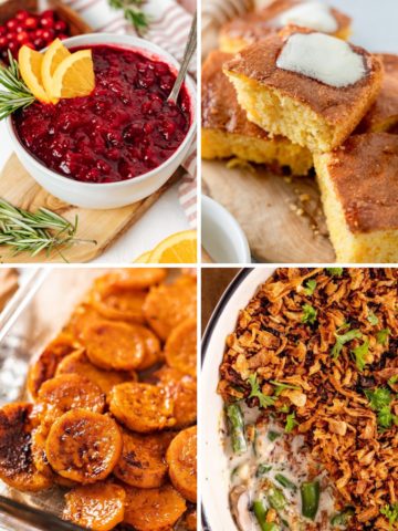 a photo collage of side dishes for chicken pot pie like cranberry sauce, cornbread, candied yams, and green bean casserole
