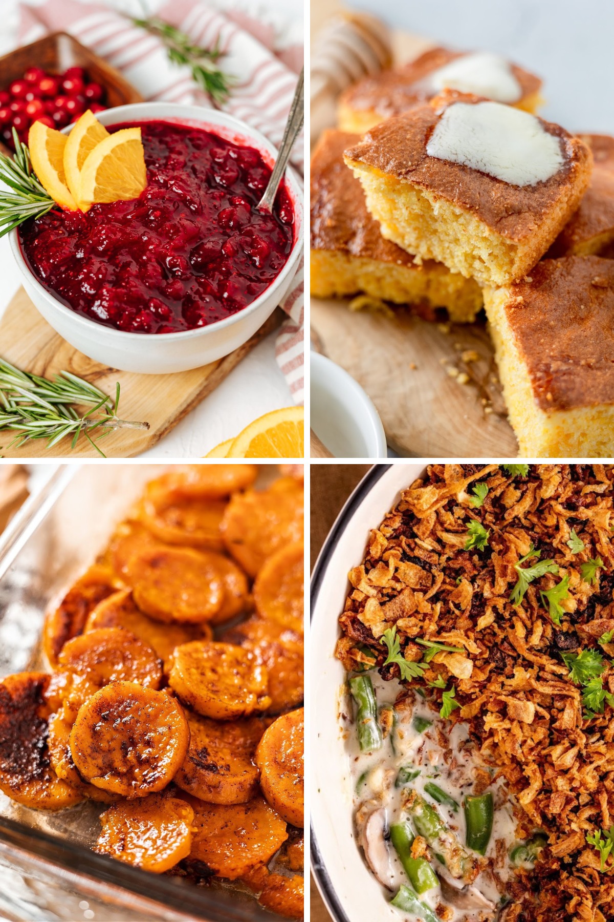 a photo collage of side dishes for chicken pot pie like cranberry sauce, cornbread, candied yams, and green bean casserole