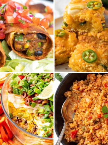 four side dishes for chicken tortilla soup like Mexican cornbread, taco dip, Spanish rice, and flautas