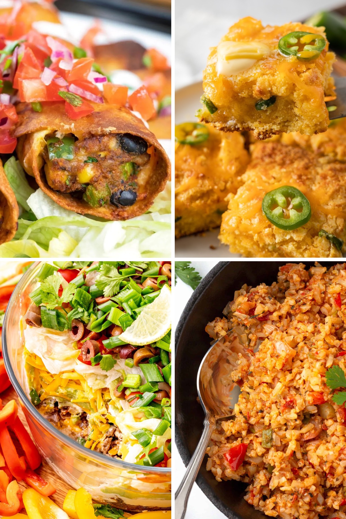 four side dishes for chicken tortilla soup like Mexican cornbread, taco dip, Spanish rice, and flautas