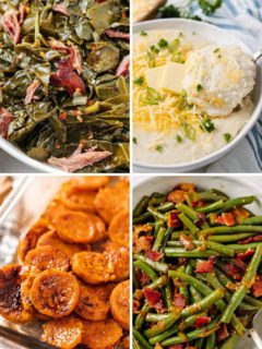 four ideas of what to serve with chicken and waffles like collard greens, candied yams, cheese grits, and green beans and bacon