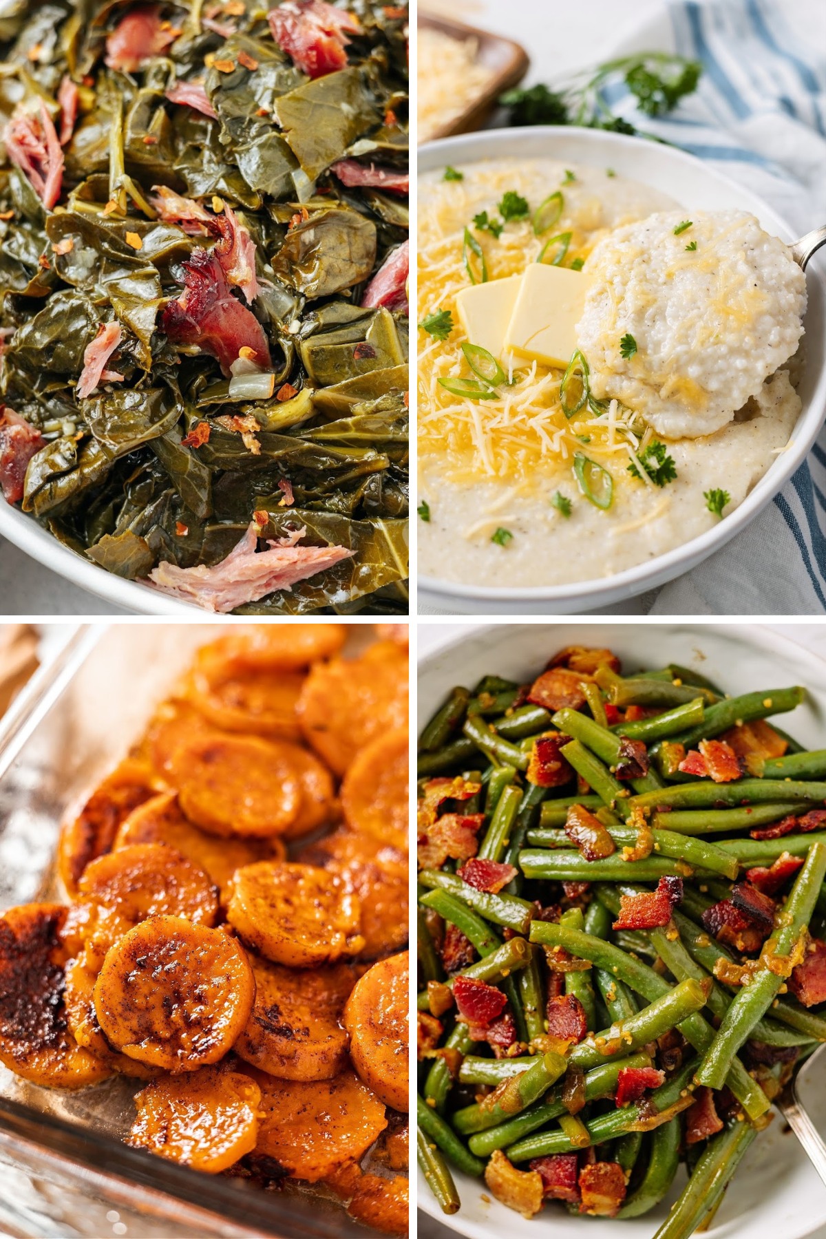 four ideas of what to serve with chicken and waffles like collard greens, candied yams, cheese grits, and green beans and bacon