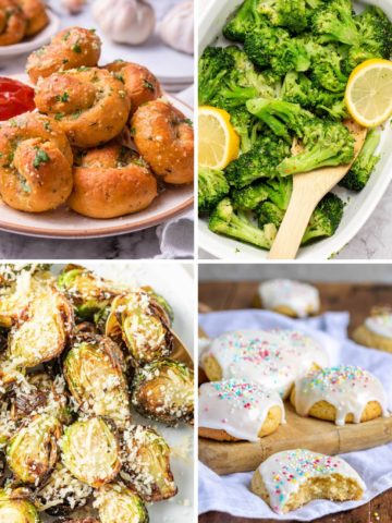 a photo collage of what to serve with chicken alfredo like garlic knots, broccoli, Brussels sprouts, and Italian drop cookies