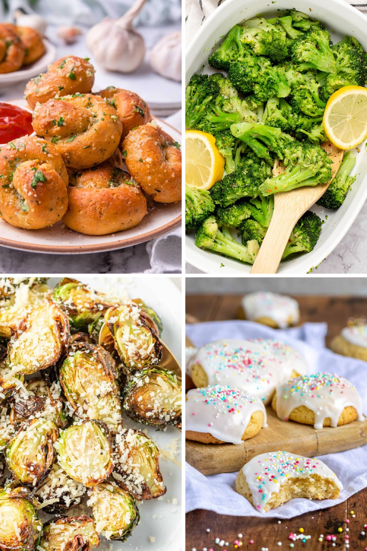 a photo collage of what to serve with chicken alfredo like garlic knots, broccoli, Brussels sprouts, and Italian drop cookies 