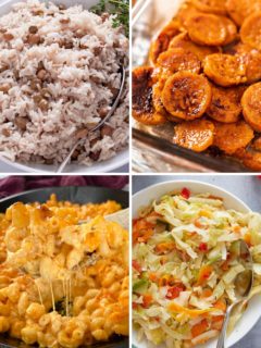 a photo collage of Jamaican gungo peas and rice, candied yams, baked macaroni and cheese, and Jamaican cabbage