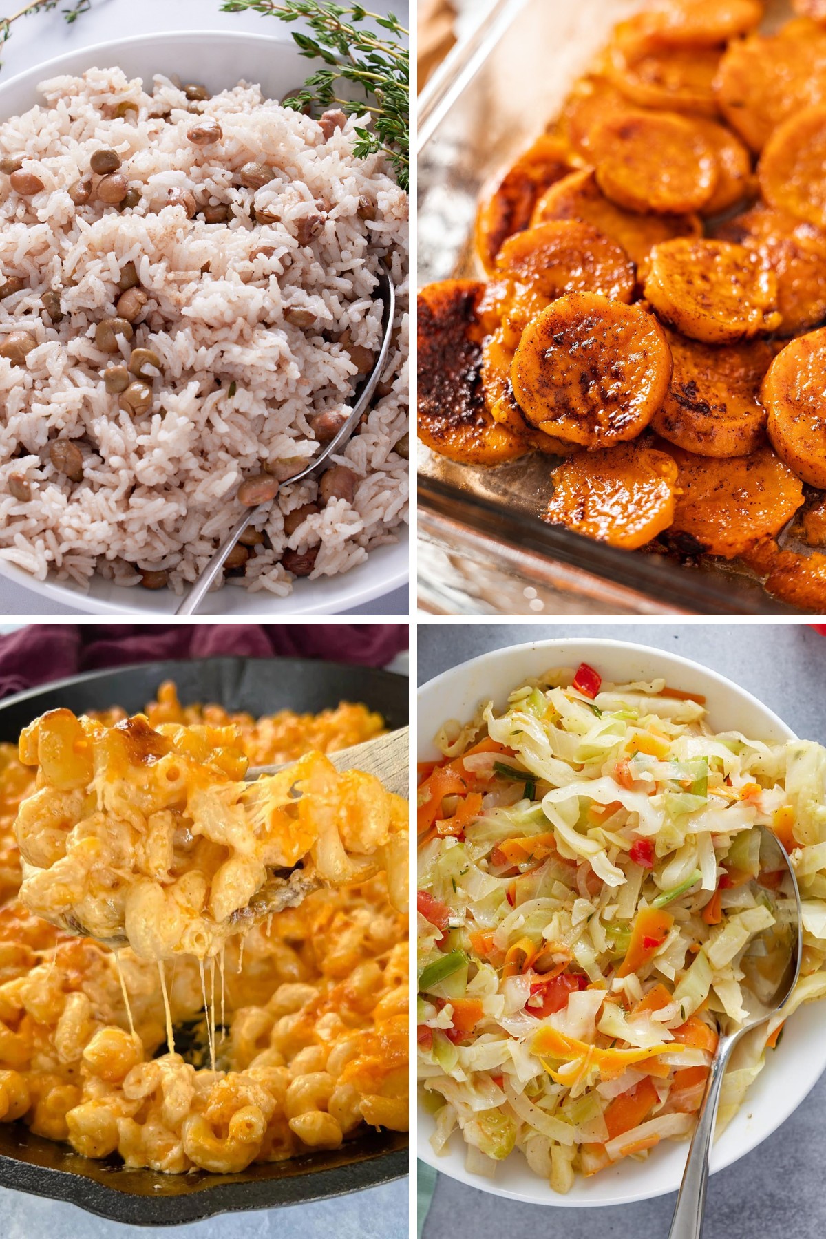 a photo collage of Jamaican gungo peas and rice, candied yams, baked macaroni and cheese, and Jamaican cabbage