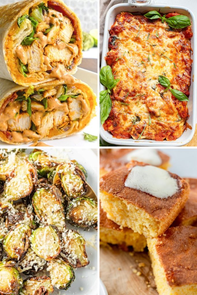 a photo collage of side dishes for chicken noodle soup like a chicken sandwich wrap, tortellini casserole, brussels sprouts and cornbread