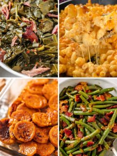 a collage of four side dishes for chicken wings like collard greens, smoked macaroni and cheese, candied yams, and green beans with bacon