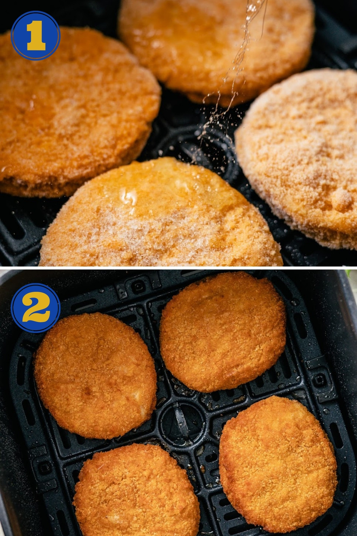 step by step photo tutorial that show the process of cooking frozen chicken patties in an air fryer