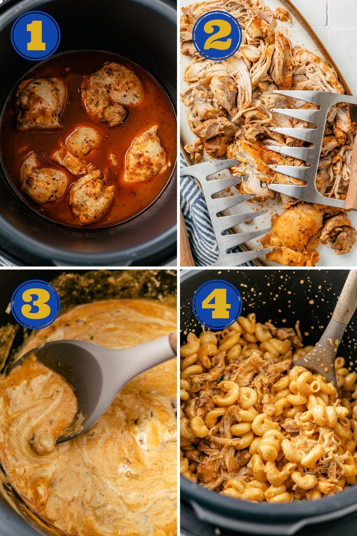 step-by-step instructions for how to make Buffalo Chicken Pasta in an instant pot with chicken thighs and Boursin cheese