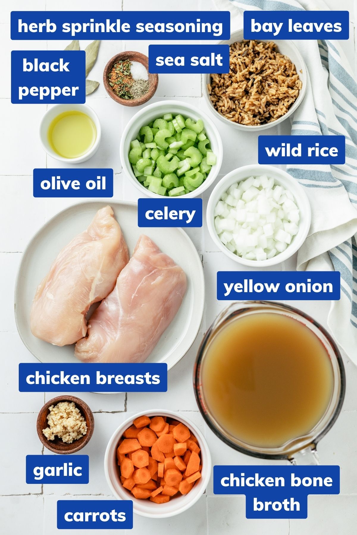 Chicken Breasts, Sea salt, 24 herb sprinkle seasoning, Black Pepper, Olive oil, Carrots, Celery, Yellow onion, Garlic, Chicken bone broth, Bay leaves