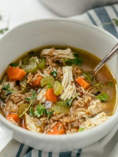 a bowl of delicious chicken bone broth soup with shredded chicken meat, organic carrots, organic celery, and organic chicken bone broth