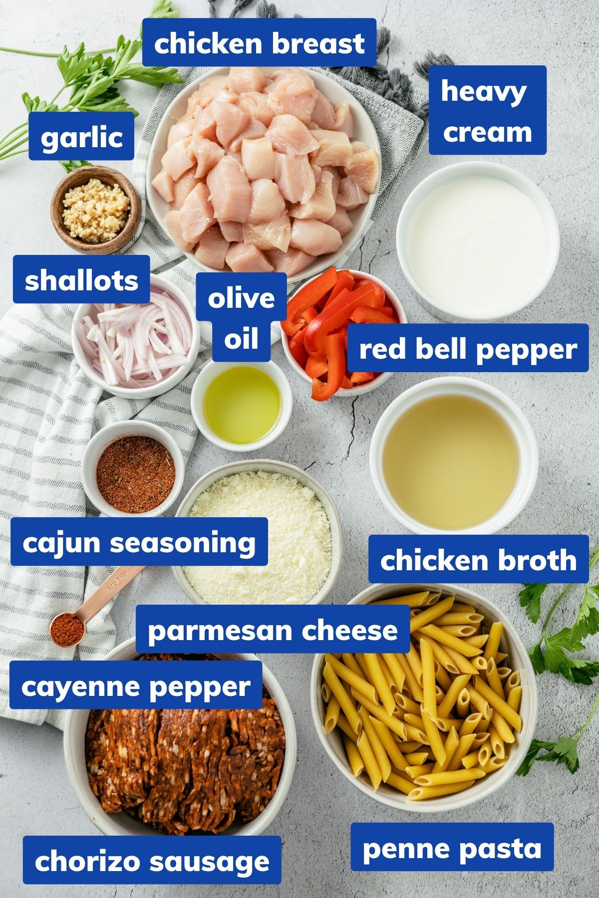 ingredients needed to make cajun chicken and chorizo pasta: chicken breast, cajun seasoning, olive oil, chorizo sausage, garlic cloves, shallots, red bell pepper, chicken broth, heavy cream, parmesan cheese, cayenne pepper, penne pasta, cooked