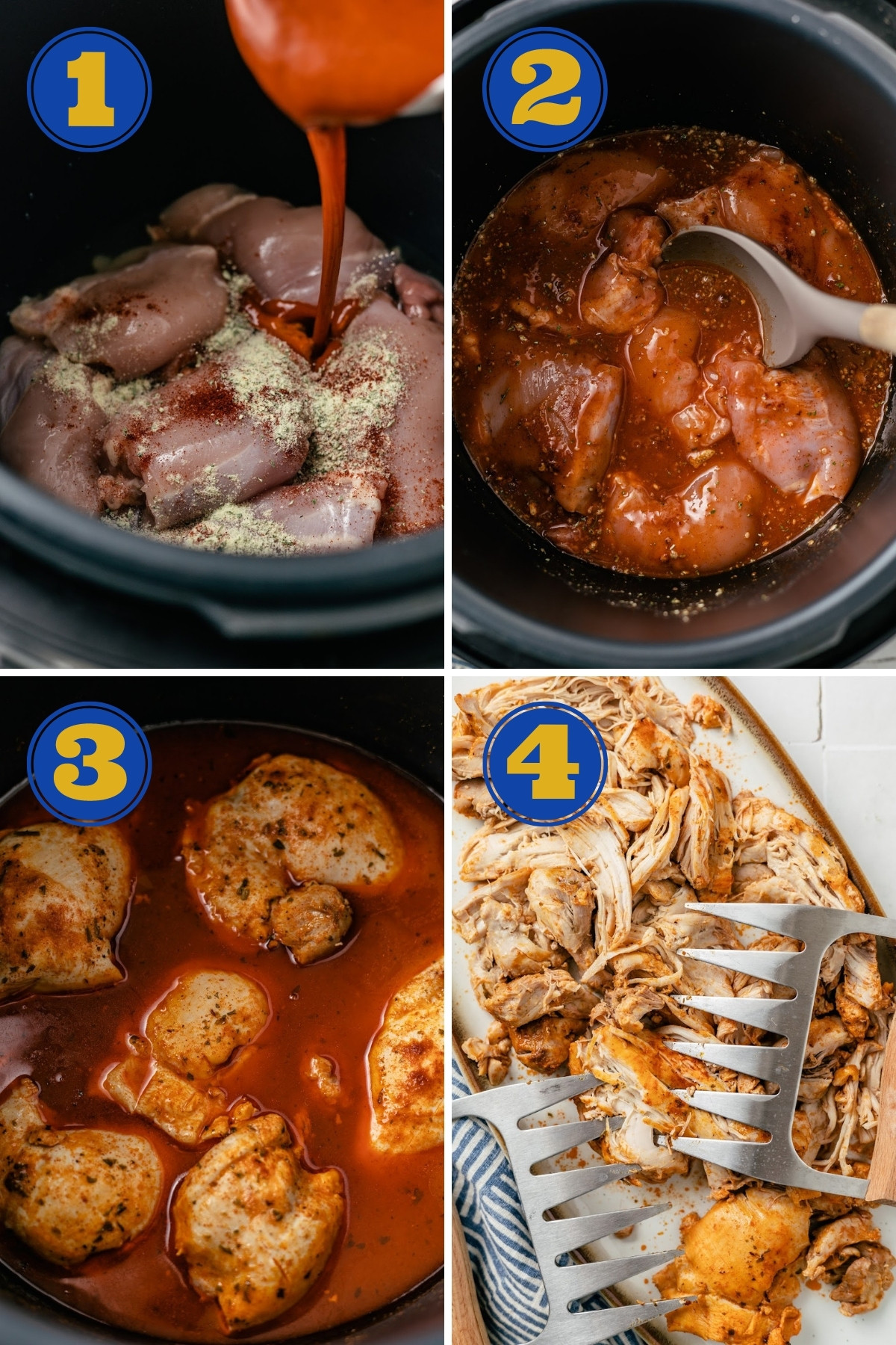 step-by-step instructions to make Shredded Buffalo Chicken in an instant pot pressure cooker with simple seasonings and a meat shredded.