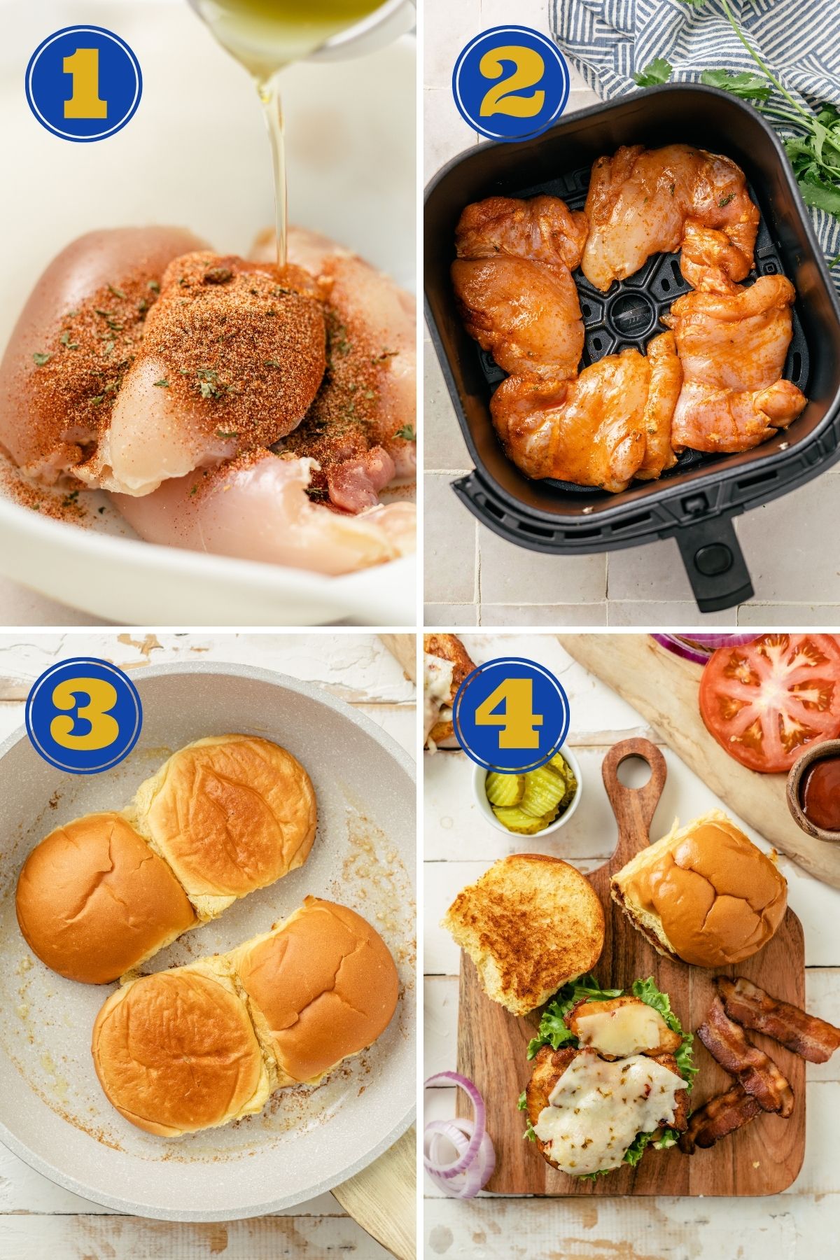 4 steps to make Cajun Chicken sandwiches with air fryer cajun chicken thighs or chicken breasts and toppings
