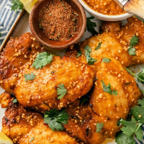 close-up shot of Cajun Chicken Thighs in a large dish