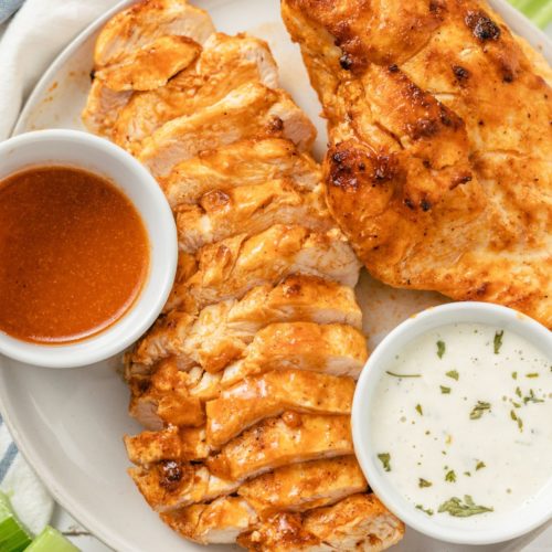 Buffalo Chicken Breasts with mayo and hot sauce dip
