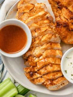 Buffalo Chicken Breasts with mayo and hot sauce dip