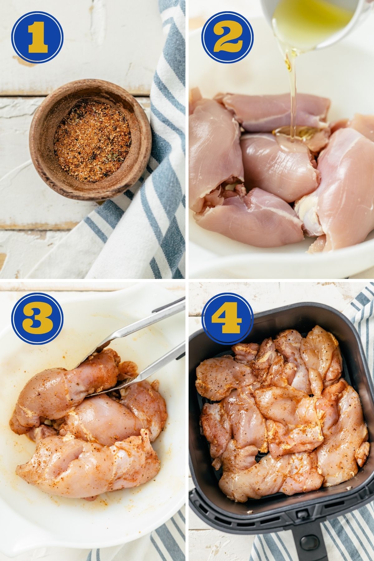 Sequential images displaying the step-by-step process of preparing and cooking boneless, skinless chicken thighs in an air fryer, showing the transformation from raw to golden-browned perfection.
