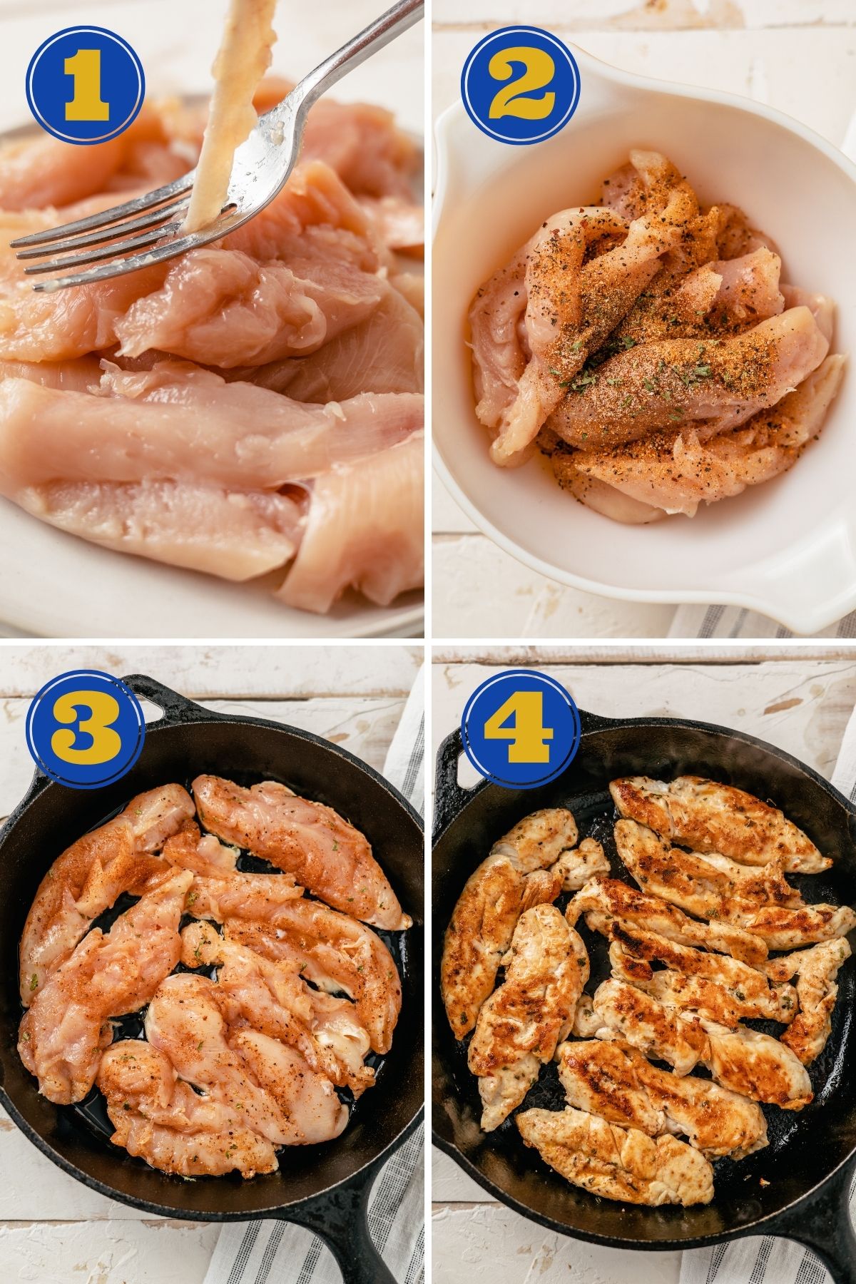 Four easy steps to make pan-fried chicken tenders.