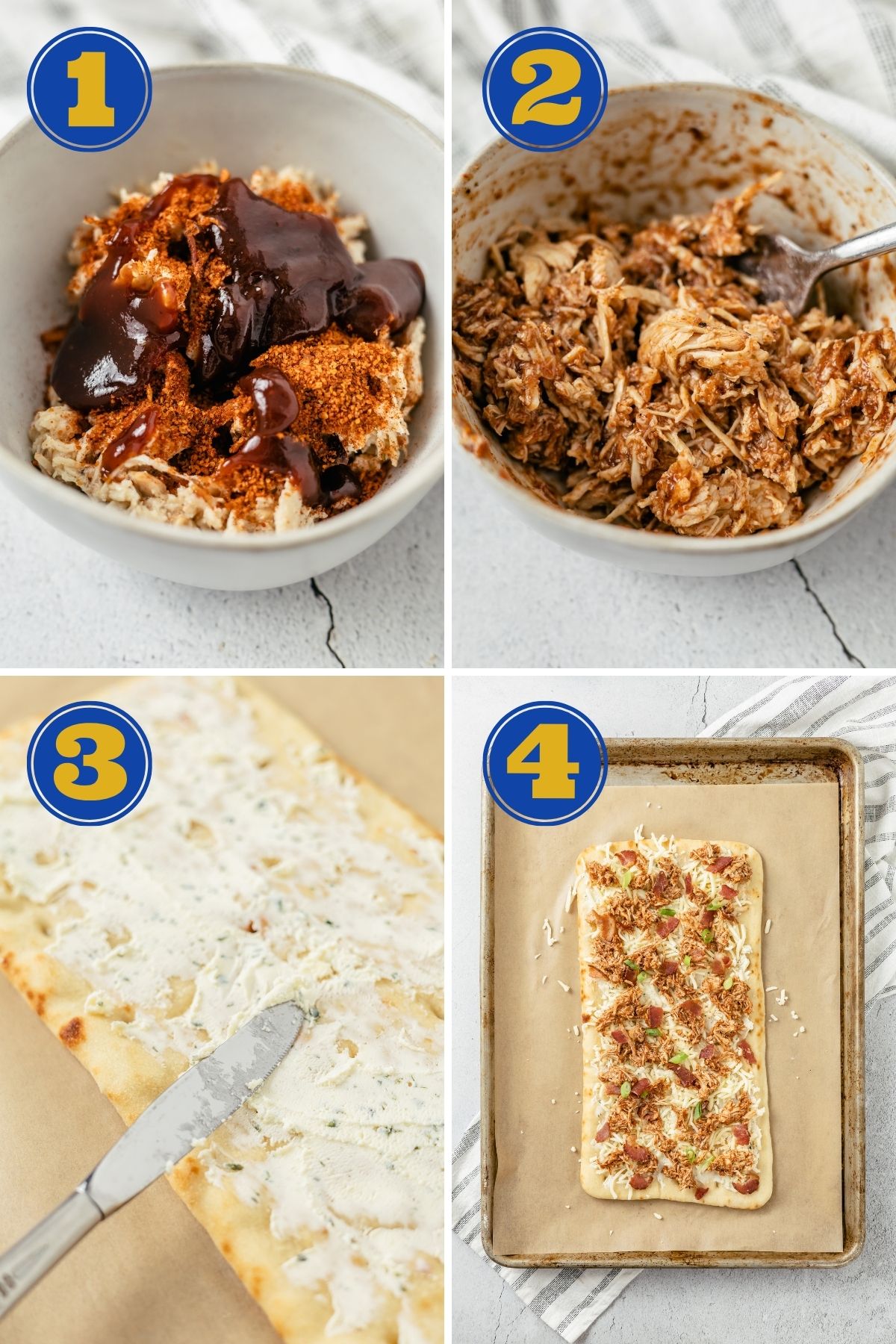 Four steps to make BBQ Chicken Flatbread Pizza, a visual guide for easy preparation.