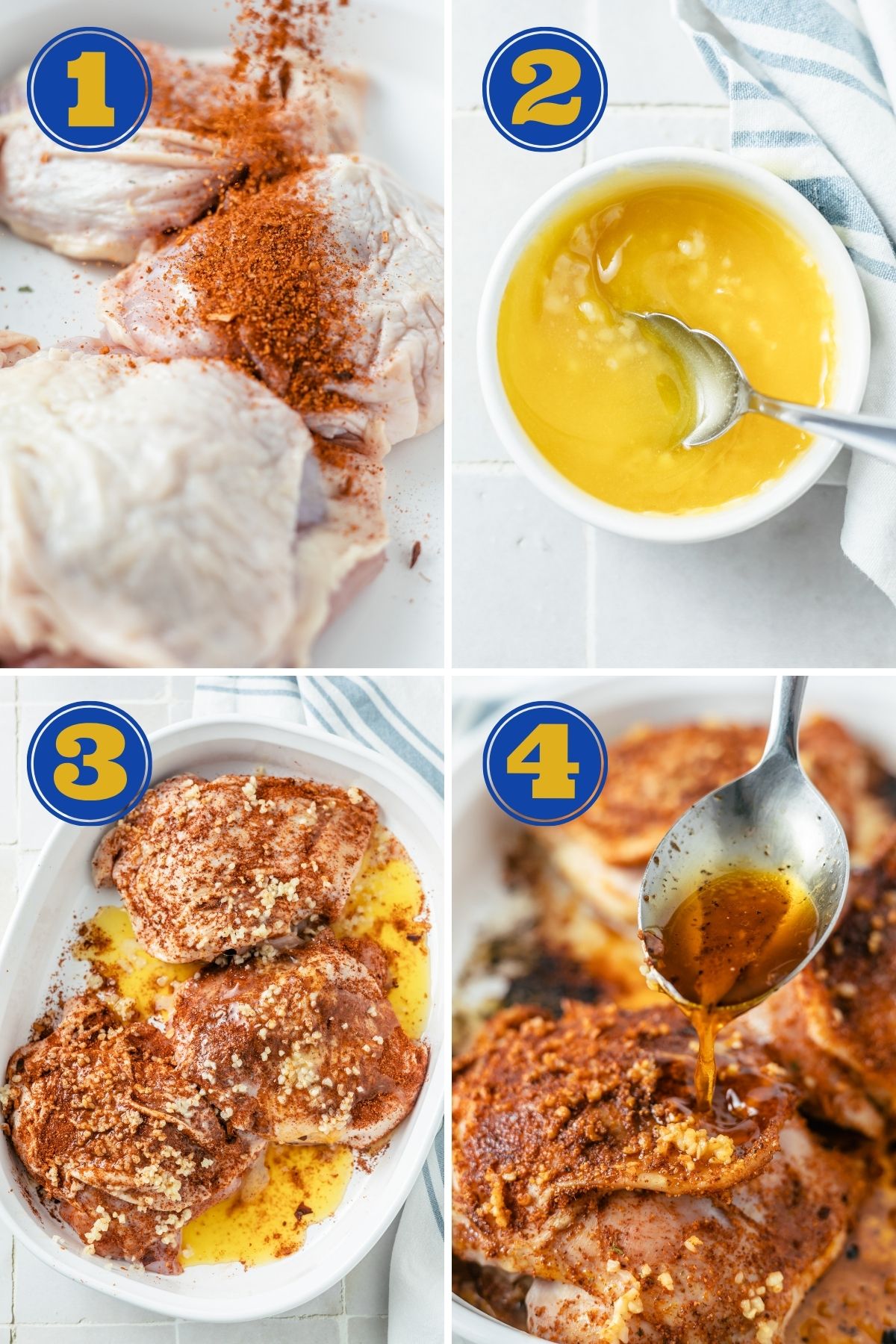 photo collage of 4 steps to make Baked Cajun Chicken by rubbing a homemade cajun seasoning mix over chicken thighs, mixing garlic butter, and pouring it over the chicken in a baking dish, then basting the chicken to have juicy meat. 