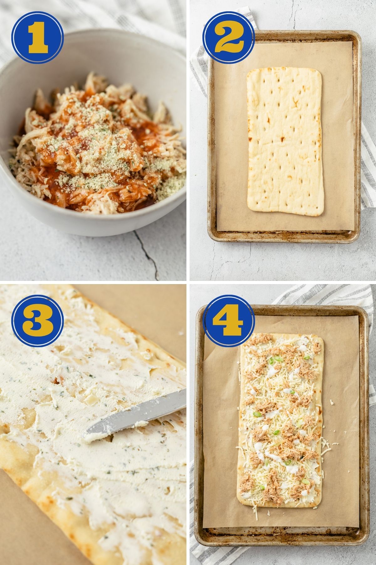 Step-by-step instructions to create Buffalo Chicken Flatbread pizza in the oven on a baking sheet with leftover shredded chicken, buffalo sauce, and ranch seasoning.
