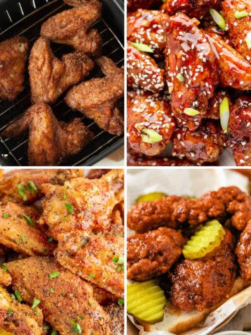 fried chicken recipes without flour including air fryer whole chicken wings, baked fried sweet chili wings, fried lemon pepper wings, and Nashville hot chicken tenders with gluten-free flour