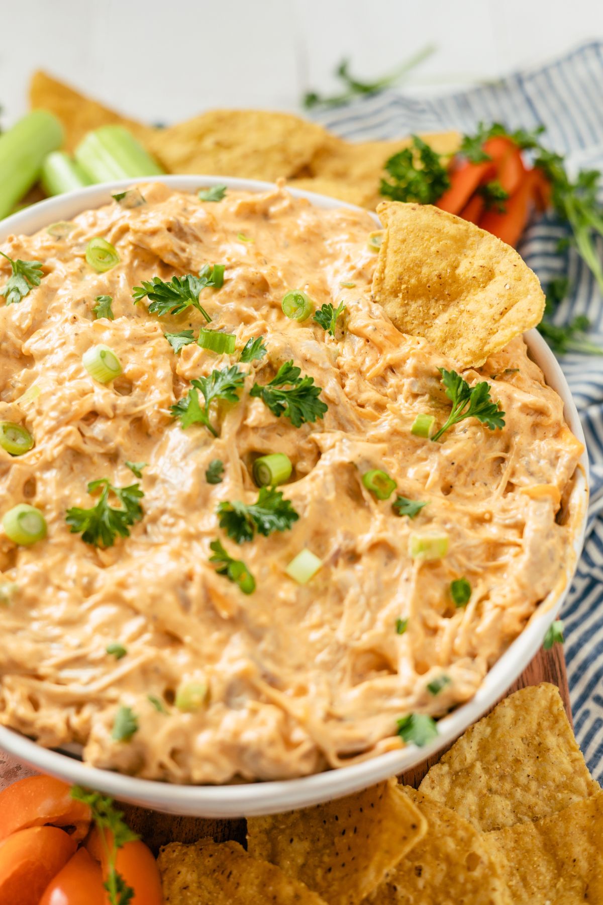 Buffalo Chicken Dip adorned with fresh parsley and green onions