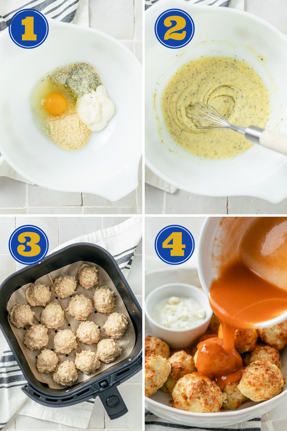 4-step photo process for how to make Buffalo Chicken Meatballs with ground chicken, mayo, breadcrumbs, ranch seasoning, parmesan cheese and egg. 